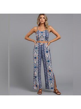 Boho Floral Printed Cami Tank Top And Side Split Pant